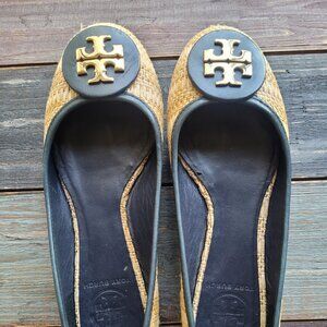 Tory Burch Reva Black & Raffia Straw Woven Flats Size 6